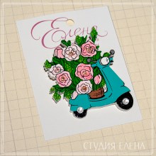 Брошь деревянная цветы и скутер